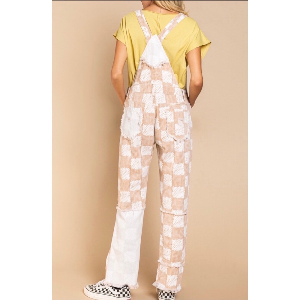 POL Tan & White Checkerboard Patched Distressed Overalls - Picture 4 of 7